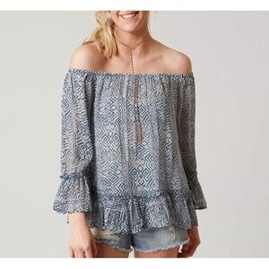 Lucky Brand Off Shoulder Maze Print Ruffle Top lined chiffon top blue Medium
